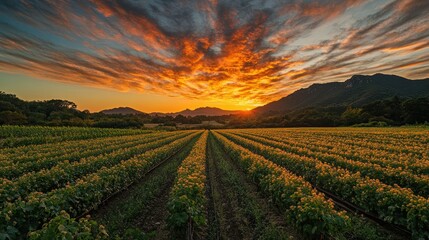 Vineyard Sunrise Landscape, golden hour, mountains. Use Stock photo for nature, travel, or tourism