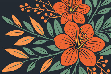 Vibrant Orange Floral Pattern with Green Leaves Seamless Botanical Design