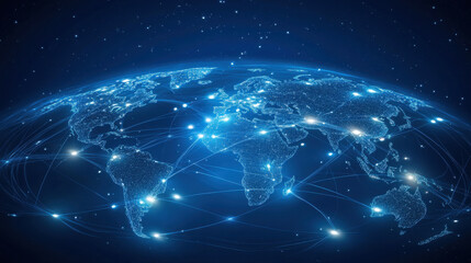 Obraz premium A serene blue backdrop, dotted with glowing nodes representing a vibrant, interconnected global network. The nodes are intricately linked, symbolizing the seamless flow of information and trade 