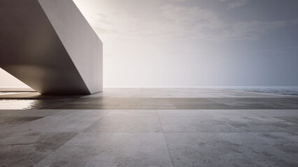 Empty concrete floor terrace near water. 3d rendering of abstract gray building with sea and clear sky background.