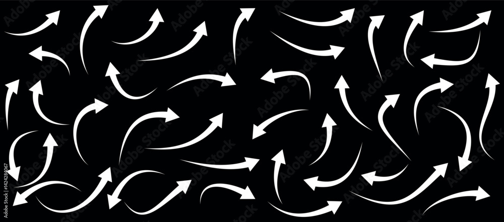 Poster set of white curve arrows isolated on black background. curve arrow illustration.curved arrows, hand