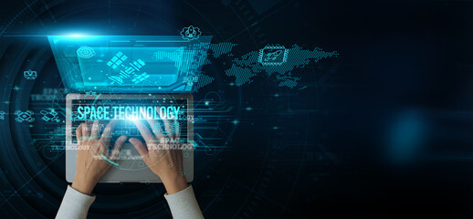 Man using a laptop with space technology on the keyboard is analyzing and developing various...
