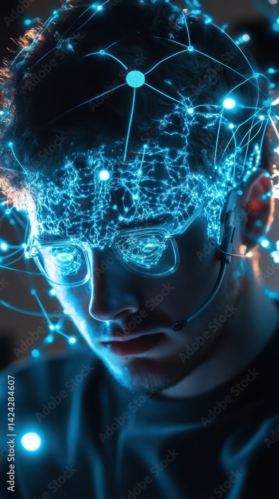Aufkleber a person's head and face with a network of glowing lines, symbolizing global connectivity and neural