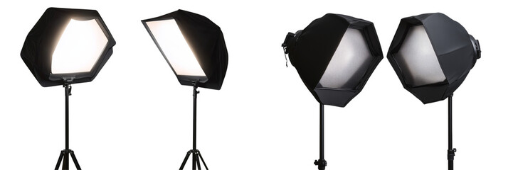 Set of a, Two photo studio light stands with soft boxes, isolated on a transparent background.