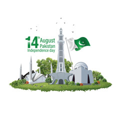 14 August Pakistan independence day. 3d letter  with Quaid-e-Azam Tomb, Minar e Pakistan and  Pakistani flag. abstract vector illustration design