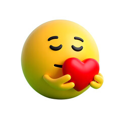 Fototapeta premium A yellow emotion emoji holding a heart and cartoon, icon, smiley, fun, emoticon 3d isolated on white background PNG.