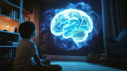 A child captivated by a luminous holographic brain projection.