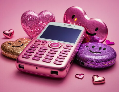 Y2K Aesthetic with Retro Pink Cell Phone
Cute Glittery Background with Smileys, Hearts, and 2000s Vibes
