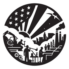 American industry labor day patriotic illustration workers cityscape silhouette black and white art, labor day