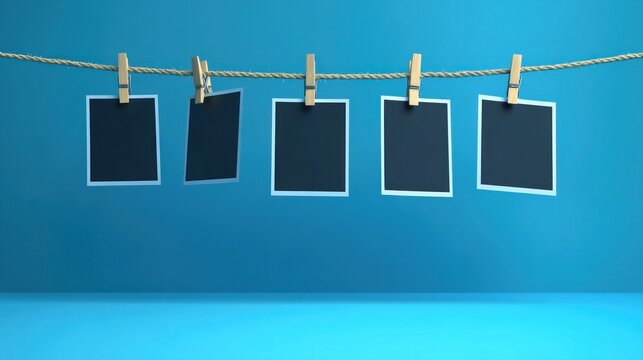 Photos hanging on a rope against a blue backdrop