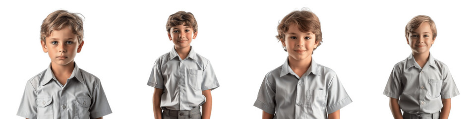 Collection of Young Boys Wearing Short-Sleeve Light Grey School Uniform Shirts Standing and Smiling Isolated on Transparent Background