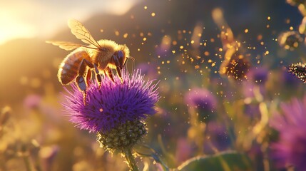 Bee Collecting Pollen From Purple Flower at Sunset in Field