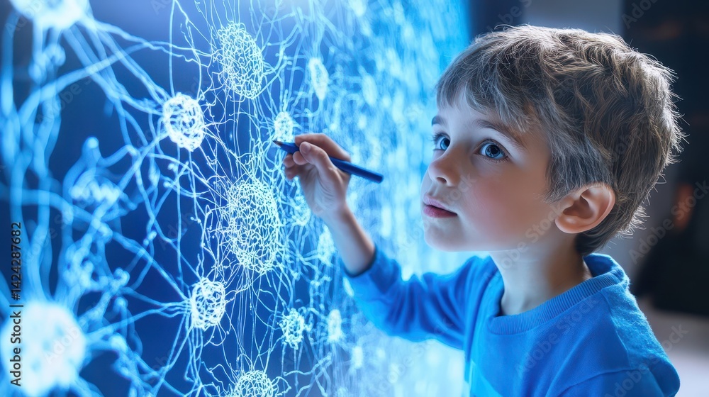 Poster a young child interacts with a dynamic neural network display.