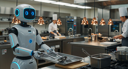 Obraz premium Chef’s assistant bot handing over utensils in a synchronized workflow in tech kitchen 