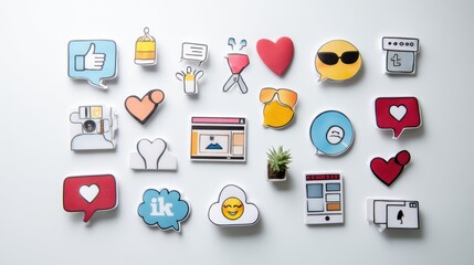 Social media icons arranged on a white surface