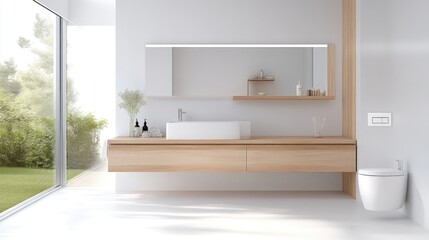 Modern, minimalist bathroom with natural light and wood tones