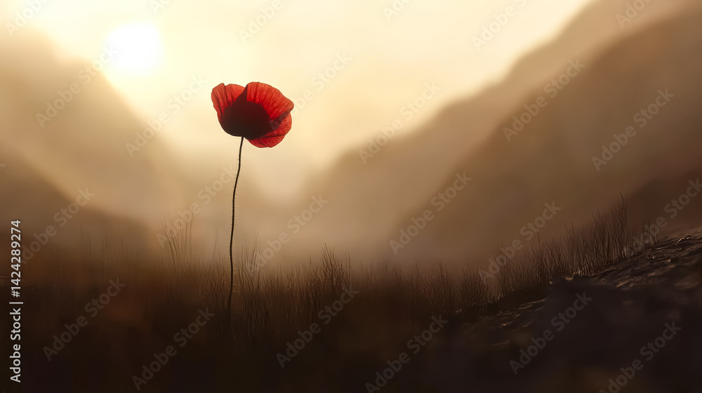 Canvas Prints single red poppy is standing in a field of tall grass
