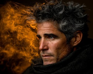 Man Gazing, Smoky Background