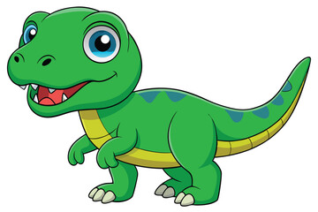 A cheerful cartoon tyrannosaurus with green scales and bright eyes stands smiling on a white background, Tyrannosaurus cartoon on white background.