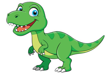 A cheerful cartoon tyrannosaurus with green scales and bright eyes stands smiling on a white background, Tyrannosaurus cartoon on white background.