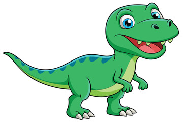 A cheerful cartoon tyrannosaurus with green scales and bright eyes stands smiling on a white background, Tyrannosaurus cartoon on white background.