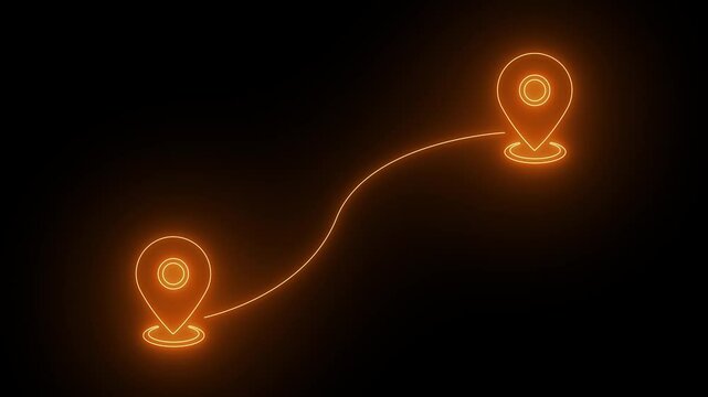 Neon digital location pin symbol with map futuristic illustration of GPS and directions animation on black background. Futuristic global navigation technology with neon location.