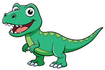 A cheerful cartoon tyrannosaurus with green scales and bright eyes stands smiling on a white background, Tyrannosaurus cartoon on white background.