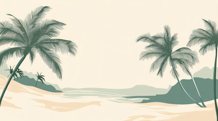 Obraz premium tropical beach landscape with palm trees and distant mountains in minimalistic style. summer vacation theme. travel blog, poster, background design.
