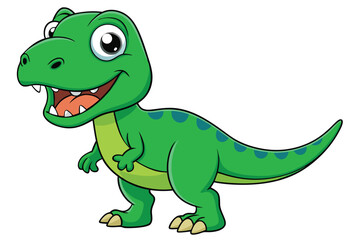 A cheerful cartoon tyrannosaurus with green scales and bright eyes stands smiling on a white background, Tyrannosaurus cartoon on white background.
