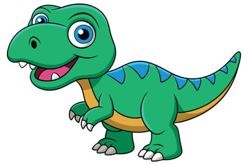 A cheerful cartoon tyrannosaurus with green scales and bright eyes stands smiling on a white background, Tyrannosaurus cartoon on white background.