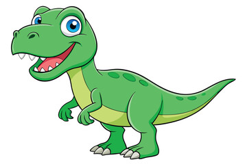 Fototapeta premium A cheerful cartoon tyrannosaurus with green scales and bright eyes stands smiling on a white background, Tyrannosaurus cartoon on white background.