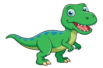 A cheerful cartoon tyrannosaurus with green scales and bright eyes stands smiling on a white background, Tyrannosaurus cartoon on white background.
