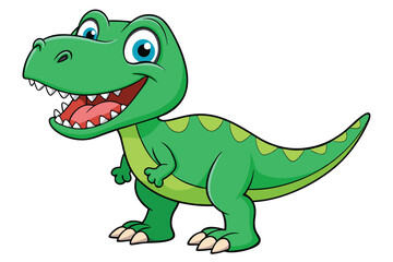 A cheerful cartoon tyrannosaurus with green scales and bright eyes stands smiling on a white background, Tyrannosaurus cartoon on white background.