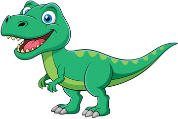 A cheerful cartoon tyrannosaurus with green scales and bright eyes stands smiling on a white background, Tyrannosaurus cartoon on white background.