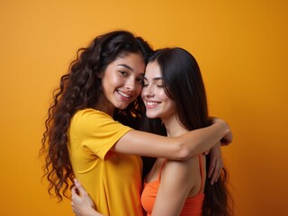 Embracing friendship between two women with long hair in vibrant outfits against a bright yellow background
