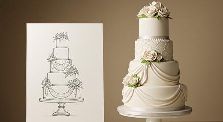 Hand-drawn wedding cake design beside real decorated cake, soft light studio setup
