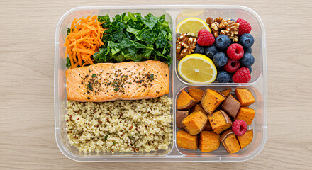 Healthy lunchbox arrangement with portioned superfoods, compact and travel-ready
