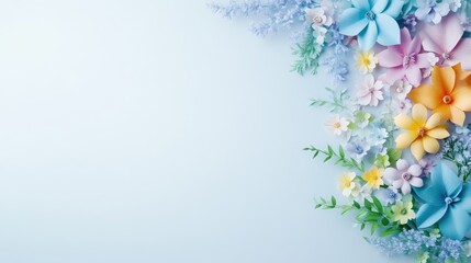 Fototapeta premium Pastel colored paper flowers in a light blue background