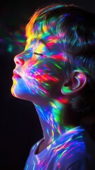 Naklejka premium A child's face bathed in vibrant, colorful light projections.