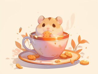 An adorable hamster sits comfortably inside a warm teacup, happily munching on a cookie amidst scattered crumbs and gentle foliage, illustrated in a soft, cozy style.