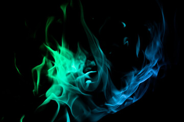 Vibrant Green and Blue Flames on Black Background for Visual Impact