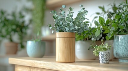 Fototapeta premium Potted greenery sits on a bright shelf