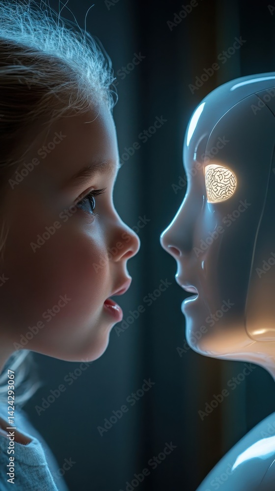 Poster a child and a robot face each other, captivated by the future.