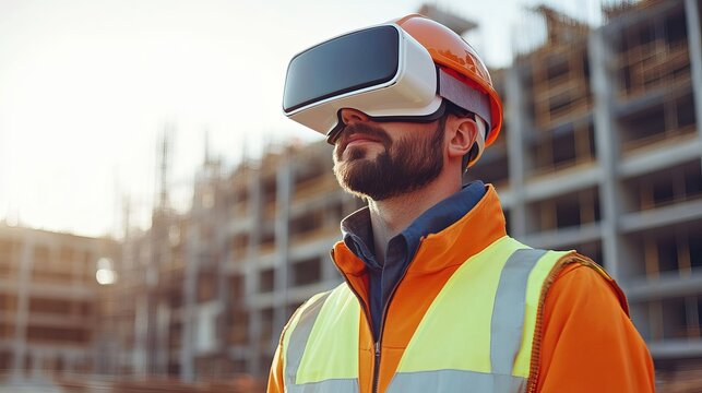 Man with vr headset and hard hat at construction site inspecting building with virtual reality technology