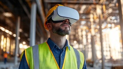 Man wearing vr headset and hardhat at construction site looking up with safety vest and beard view
