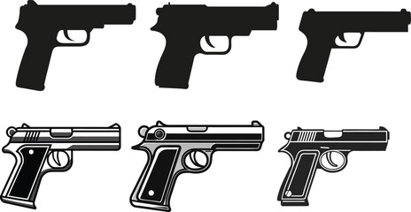 Pistol Weapon Icons Set – Black Gun Silhouette Vector on White Background