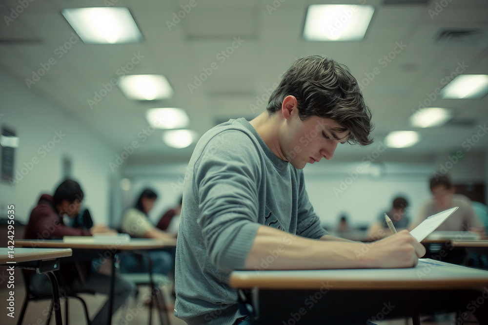 Poster generative ai image of focused student learning and preparing for upcoming exam in quiet study envir
