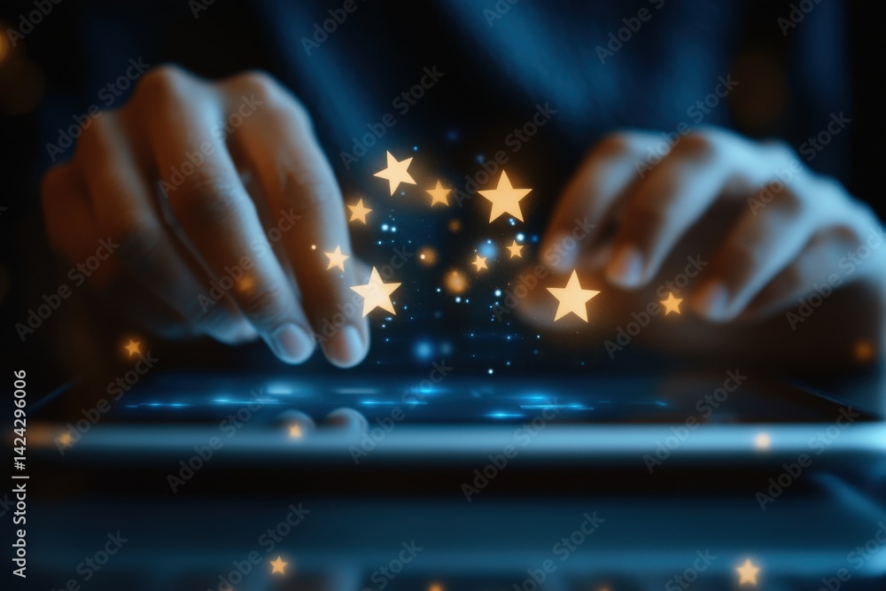 Poster hands typing on a glowing keyboard with star shaped light effects emanating from the fingertips and 