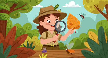 Young Girl Observing Nature with Magnifying Glass in Forest
