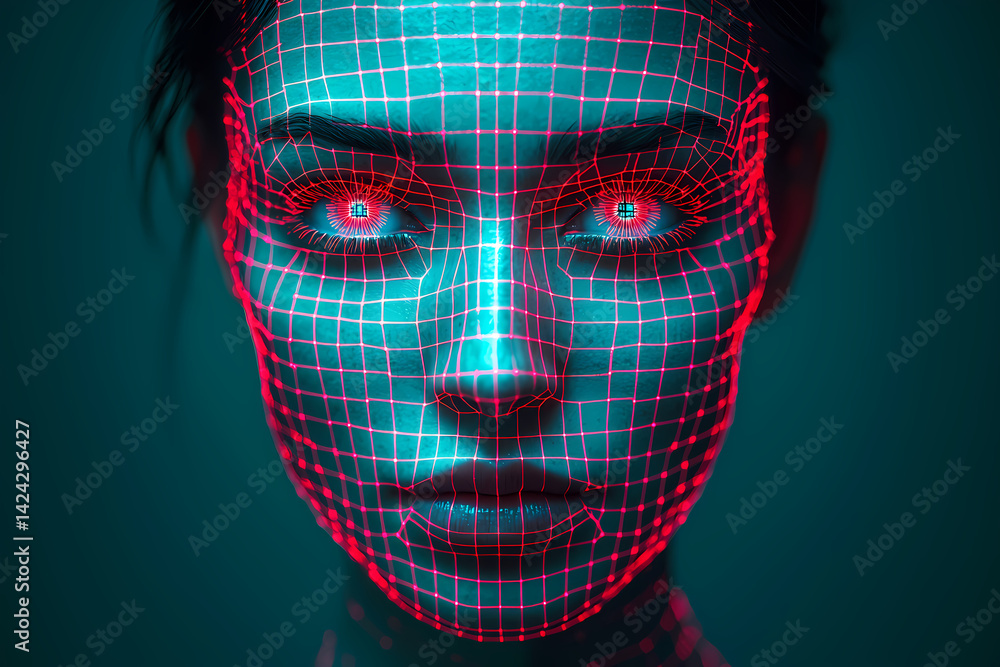 Poster woman face covered by scanning lines and dots detecting biometrics data